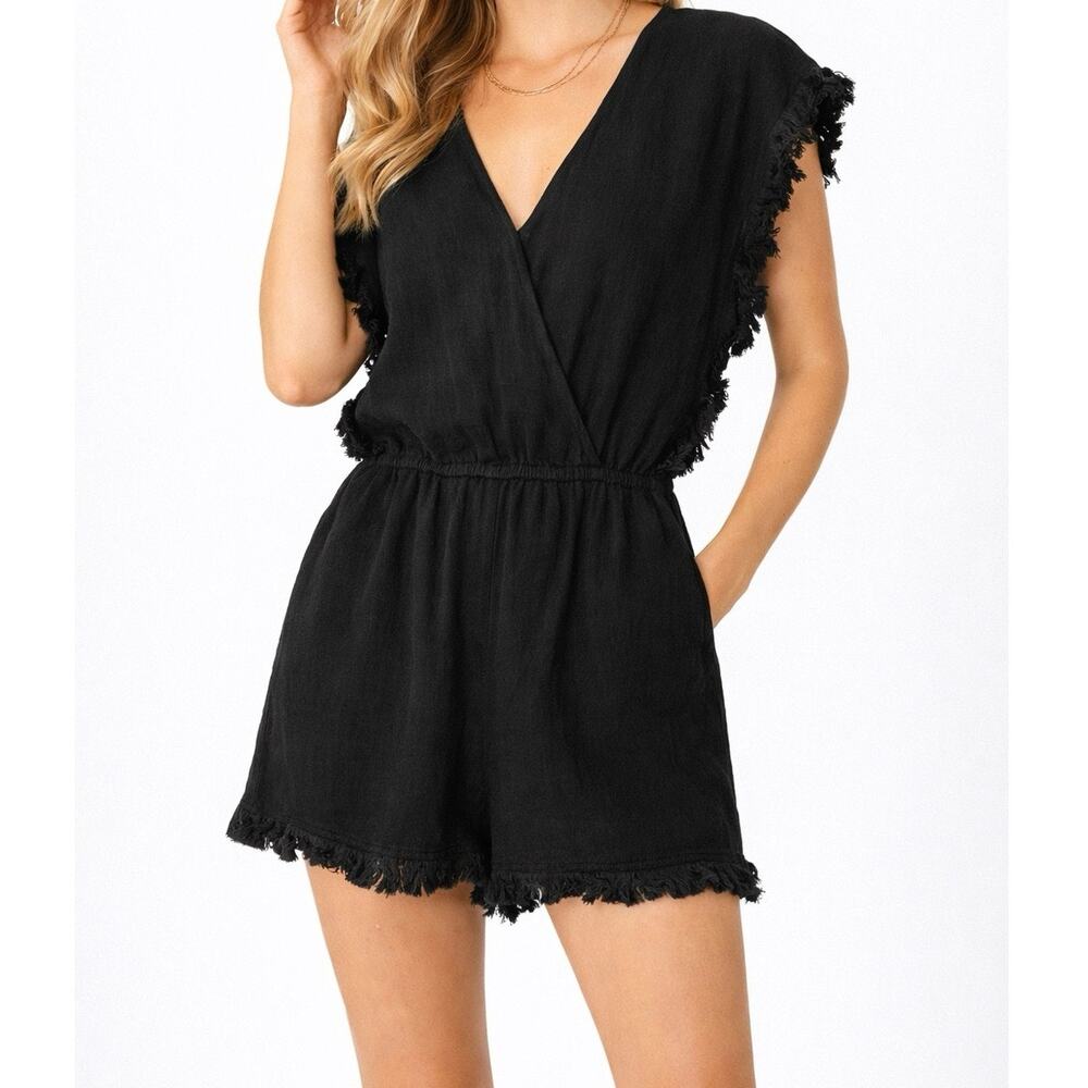 Umgee S Black Fray Hem Linen Cotton Snap V Neck Shorts Romper EUC Summer Resort